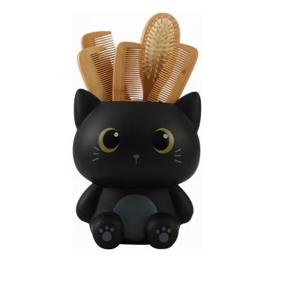 Porta-escovas de cabelo em forma de gato preto com pentes e escova de madeira