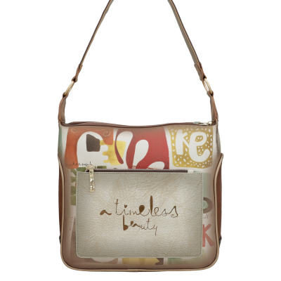 Mala de ombro colorida com bolso frontal bege e texto