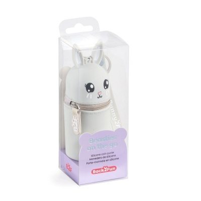 Bolsa para moedas em silicone branca em embalagem transparente com texto Beasties on the go e Back2Fun