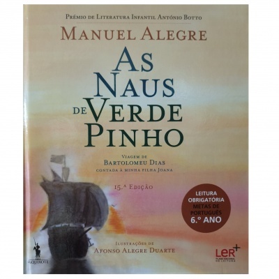 Capa de livro com título, autor e ilustração de navio antigo em tons pastel