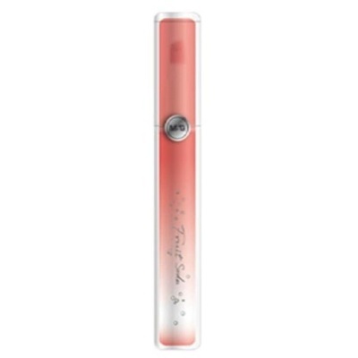 Frasco longo de batom ou gloss labial vermelho com botão metálico e escrita Fruit Soleil