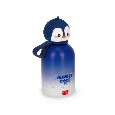 Garrafa térmica azul com tampa em forma de pinguim e texto ALWAYS COOL