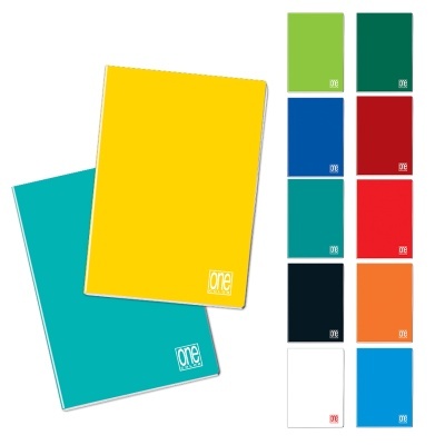 Cadernos coloridos com logótipo 'one' no canto inferior direito em fundo branco