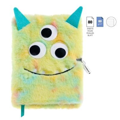 Caderno com capa felpuda amarela com olhos e orelhas de monstro