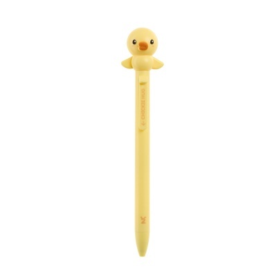 Caneta amarela com cabeça de pato e clip com texto CHICKIE HUG