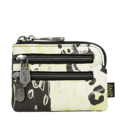 Carteira pequena com padrão abstrato preto, branco e amarelo e três fechos de correr