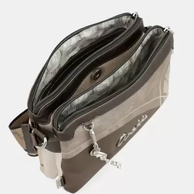 Mala de ombro castanho e bege com fechos de correr e interior estampado