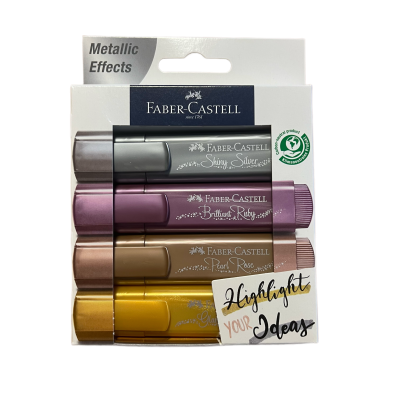 Marcadores metálicos Faber-Castell em embalagem branca.