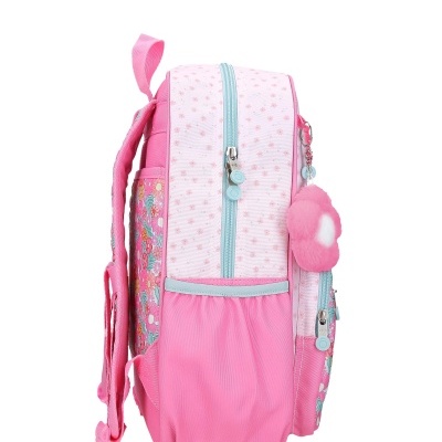 Mochila rosa floral com chaveiro cor de rosa