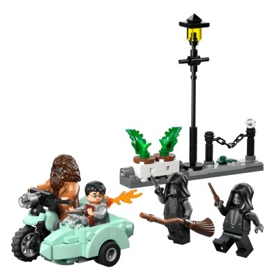 Conjunto LEGO Harry Potter com moto e sidecar, figuras e acessorios em fundo branco