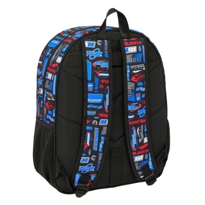 Mochila preta com alças acolchoadas estampadas com textos Hot Wheels e Racing