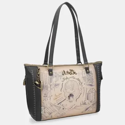 Mala de mão Anekke em bege e preto com ilustrações e alças pretas