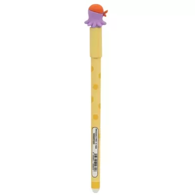 Caneta apagável amarela com bolinhas e figura de polvo na tampa