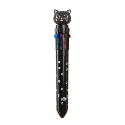 Caneta multi-cor preta decorada com cabeça de gato e patas brancas