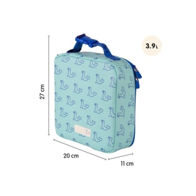 Mala azul clara com padrão de patinhos, alça azul escura, dimensões 27x20x11 cm