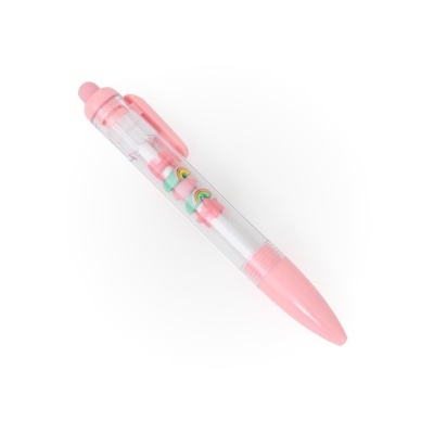 Caneta transparente com detalhes rosa e figuras decorativas internas