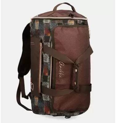 Mala de viagem Anekke castanha com padrão quadriculado colorido e alças
