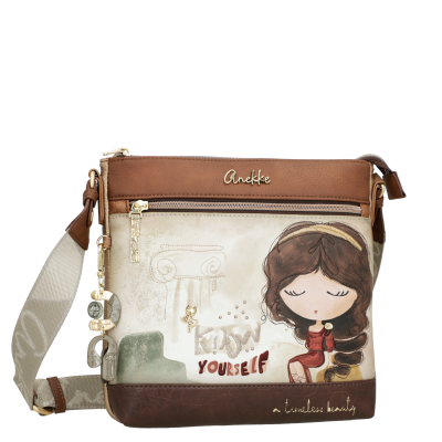 Mala tiracolo castanha e bege Anekke com ilustração e texto