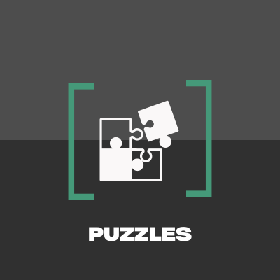 Ícone branco de peças de puzzle em fundo cinzento escuro com texto PUZZLES