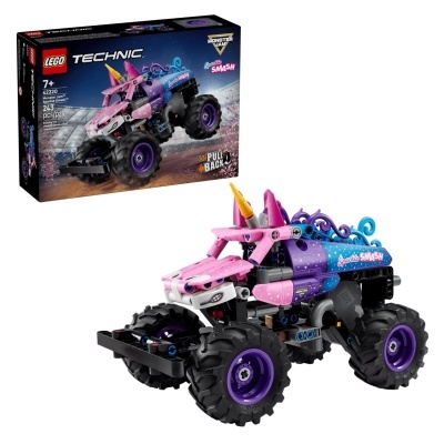 Caixa e construção LEGO Technic Monster Jam Sparkle Smash com 243 peças, em rosa, roxo, azul e preto.