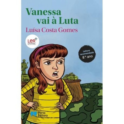 Capa de livro 'Vanessa vai à Luta' com ilustração de rapariga e texto informativo.