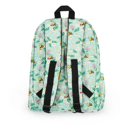 Mochila infantil azul claro com padrão de abelhas e flores, alças pretas