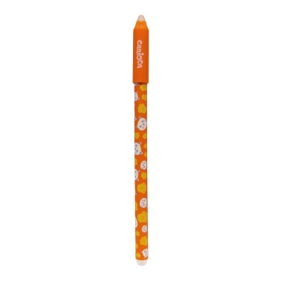 Lápis de cor laranja com desenhos de gatos e pegadas amarelas, topo de plástico alaranjado com logo CARIOCA