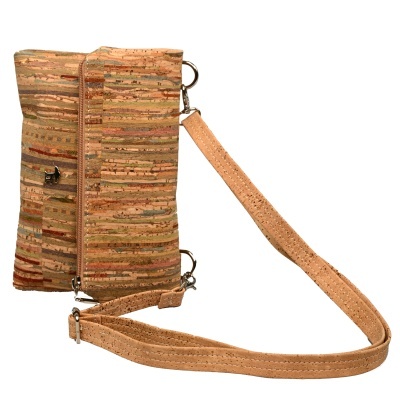 Bolsa pequena de cortiça com padrão listrado castanho e bege e alça longa