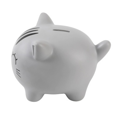 Poupança cinzenta em forma de gato com detalhes pretos