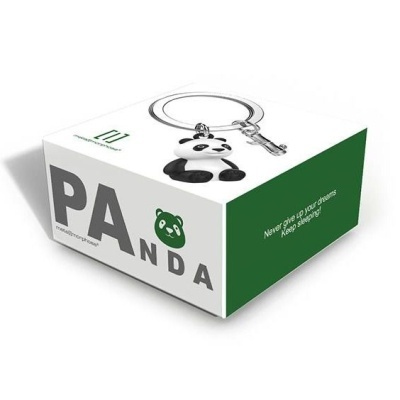 Caixa de produto branca e verde com porta-chaves de panda e texto motivacional.