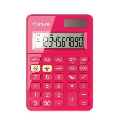 Calculadora rosa Canon com visor digital e teclas numeradas e funcionais