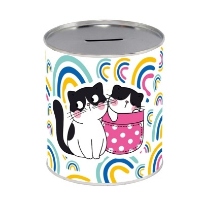 Mealheiro metálico com desenhos de gatos e arco-íris coloridos