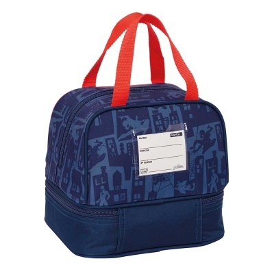 Lancheira azul com padrão de edifícios, alças vermelhas e etiqueta personalizável
