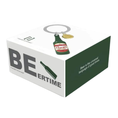 Caixa de embalagem com porta-chaves de garrafa de cerveja e chapa metálica amarela