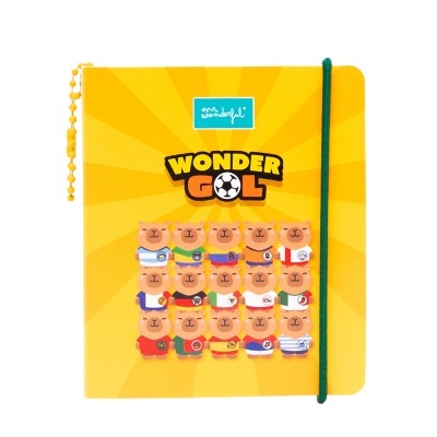 Caderno amarelo com ursinhos e elástico verde
