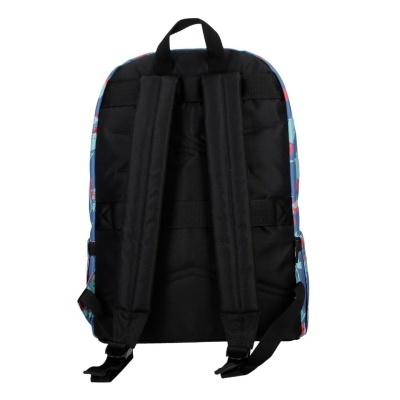 Mochila vista de trás com alças pretas acolchoadas e padrão colorido nas laterais
