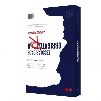 Embalagem de produto com texto e silhueta de rosto em azul e branco