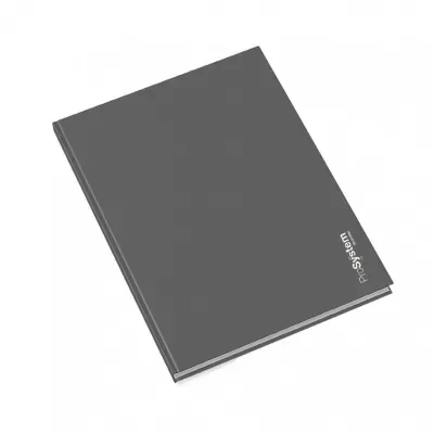 Caderno cinzento com texto 'PdsSystem' e capa dura