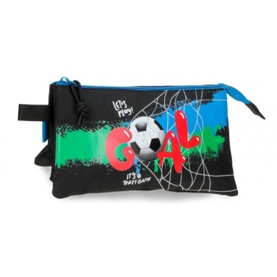 Estojo escolar preto com padrão colorido e desenhos de futebol, com texto e fecho azul.