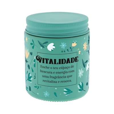Frasco verde com flores e texto em português VITALIDADE