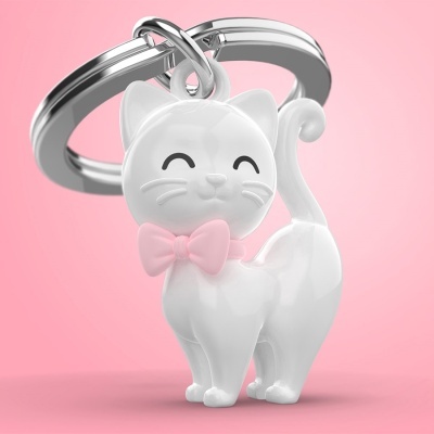 Chaveiro gato branco com laço rosa e argola de metal prateada