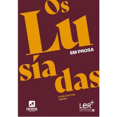 Capa de livro Os Lusíadas em prosa com fundo vinho e texto amarelo e branco