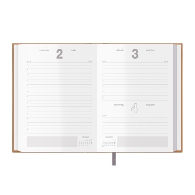 Agenda semanal com páginas abertas a 2, 3 e 4 de outubro num suporte castanho com fita cinza