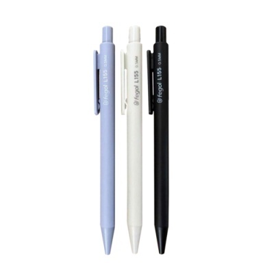 Conjunto de três esferográficas em azul-claro, branco e preto com texto Fergal L155 0.5MM