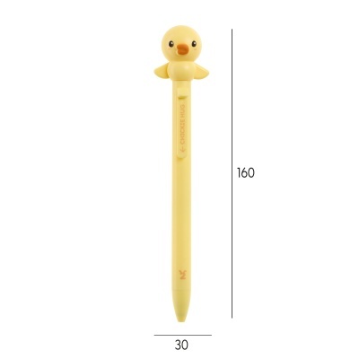 Caneta amarela com decoração de pato e texto CHICKKE HUG