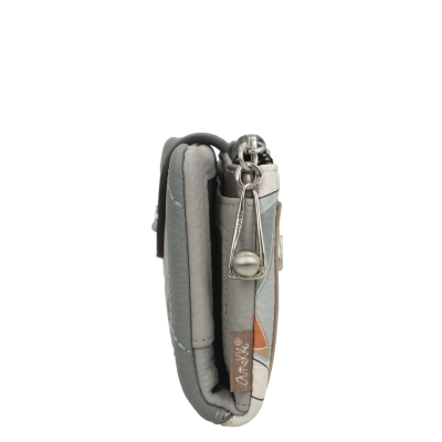 Carteira cinza com cadeado prateado e etiqueta Anokê