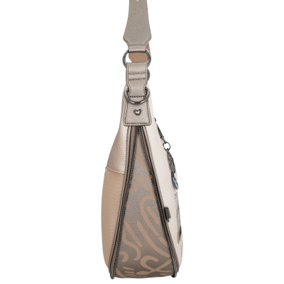 Mala de tiracolo bege e creme com padrão abstrato na lateral