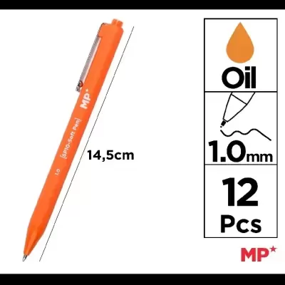 Caneta esferográfica laranja MP com ponta 1.0 mm e clip metálico.