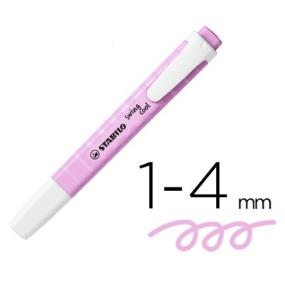 Marcador Stabilo Swing Cool rosa e branco com texto e indicação de espessura