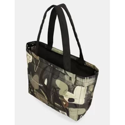 Mala tote com padrão abstrato em tons neutros e alças pretas